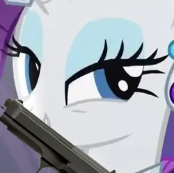 Size: 310x309 | Tagged: beretta, delet this, derpibooru import, edit, grin, gun, looking at you, m9, rarity, safe, smiling, smirk, solo, weapon