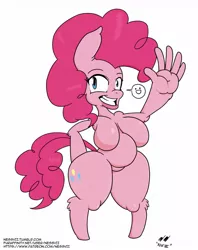 Size: 1014x1280 | Tagged: anthro, artist:nessvii, barbie doll anatomy, bbw, belly, big belly, big breasts, breasts, busty pinkie pie, derpibooru import, fat, female, pinkie pie, pudgy pie, smiling, solo, solo female, suggestive, unguligrade anthro, waving, wide hips