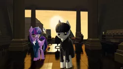 Size: 4800x2700 | Tagged: safe, artist:styroponyworks, derpibooru import, octavia melody, owlowiscious, twilight sparkle, twilight sparkle (alicorn), alicorn, earth pony, pony, 3d, blade runner, blender, bowtie, chair, clothes, column, female, glasses, indoors, mare, mixed media, office chair, scenery, skirt, suit, sun, table, tile