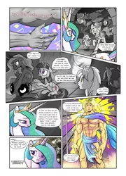 Size: 1380x1920 | Tagged: safe, artist:pencils, derpibooru import, princess celestia, princess luna, spike, twilight sparkle, twilight sparkle (alicorn), oc, oc:anon, oc:sky shatter, oc:vibrant vision, alicorn, bat pony, dragon, earth pony, human, pegasus, pony, comic:anon's pie adventure, abs, apollo, armor, both cutie marks, cape, chest hair, clothes, comic, crown, crying, dock, female, floppy ears, gloves, healing, human male, jewelry, laurel wreath, male, mare, muscles, nauseous, open mouth, regalia, regret, ruined for marriage, sad, sitting, smiling, speech bubble