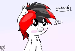 Size: 1138x768 | Tagged: safe, artist:kimjoman, derpibooru import, oc, oc:tiorafa, unofficial characters only, earth pony, pony, blushing, cute, gradient background, looking up, male, paint tool sai, shy, sitting, solo, text