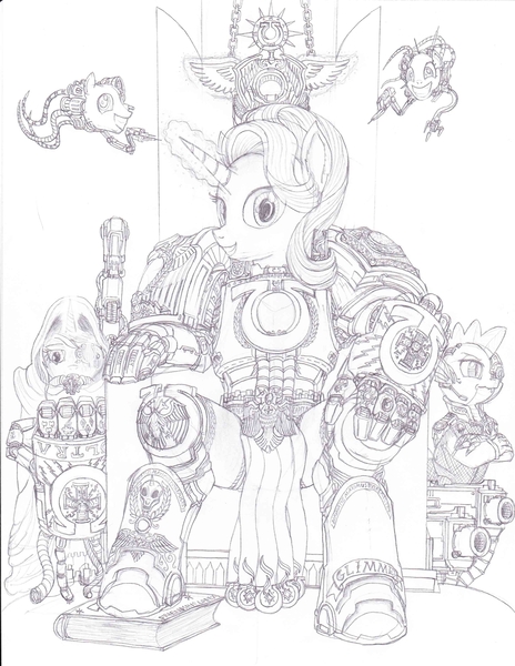 Size: 2550x3300 | Tagged: safe, artist:lordarcheronvolistad, derpibooru import, lyra heartstrings, spike, starlight glimmer, dragon, pony, armor, bolter, book, codex astartes, crossover, marneus calgar, power armor, power fist, servo skull, space marine, techpriest, ultramarine, warhammer (game), warhammer 40k