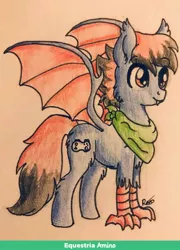 Size: 1536x2128 | Tagged: safe, derpibooru import, oc, oc:blue pixel, unofficial characters only, bat pony, hippogriff, amino, cutie mark, fangs, solo, traditional art