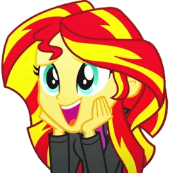 Size: 706x720 | Tagged: safe, artist:fella, derpibooru import, sunset shimmer, eqg summertime shorts, equestria girls, clothes, cute, daaaaaaaaaaaw, female, happy, jacket, leather jacket, looking at you, shimmerbetes, simple background, smiling, solo, transparent background