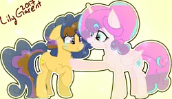 Size: 814x469 | Tagged: safe, artist:fragrance-mlpng, derpibooru import, princess flurry heart, oc, oc:magical smile, earth pony, pony, crying, female, mare, older, parent:cheese sandwich, parent:twilight sparkle, parents:cheeselight, raised hoof, tears of joy