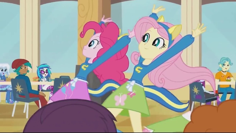 Size: 1024x577 | Tagged: safe, derpibooru import, screencap, abnormal norman, fluttershy, golden hazel, indigo wreath, pinkie pie, trixie, vinyl scratch, equestria girls, equestria girls (movie), helping twilight win the crown, offscreen character, wondercolts