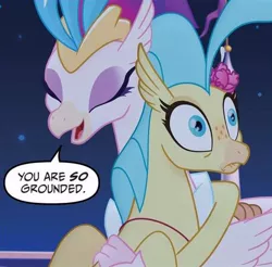 Size: 596x586 | Tagged: adaptation, classical hippogriff, derpibooru import, faic, female, grounded, hippogriff, laughing, mama novo, mother and daughter, motherly, motherly love, my little pony: the movie, my little pony: the movie adaptation, oh crap face, princess skystar, punishment, queen novo, safe, spoiler:my little pony movie adaptation, you are so grounded