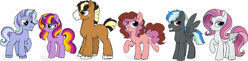 Size: 1280x319 | Tagged: safe, artist:tambelon, derpibooru import, oc, oc:evening glow, oc:jack-o-trades, oc:mascarpone cheesecake, oc:night twinkle, oc:social butterfly, oc:thunderhead, unofficial characters only, clydesdale, earth pony, pegasus, pony, unicorn, female, magical lesbian spawn, male, mare, next generation, offspring, parent:applejack, parent:cheese sandwich, parent:fluttershy, parent:pinkie pie, parent:rainbow dash, parent:rarity, parent:starlight glimmer, parent:sunset shimmer, parent:thunderlane, parent:trixie, parent:troubleshoes clyde, parent:twilight sparkle, parents:cheesepie, parents:flarity, parents:startrix, parents:sunsetsparkle, parents:thunderdash, parents:troublejack, stallion, watermark