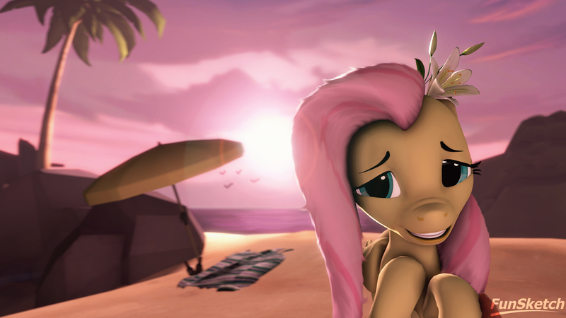 Size: 3840x2160 | Tagged: 3d, artist:funsketch, beach, cute, derpibooru import, flower, flower in hair, fluttershy, offscreen character, safe, shyabetes, source filmmaker, sunset