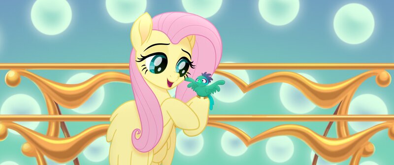 Size: 2048x858 | Tagged: safe, derpibooru import, screencap, fluttershy, bird, pegasus, pony, my little pony: the movie, cute, female, kindness, mare, shyabetes, songbird