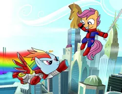 Size: 2600x2000 | Tagged: armor, crossover, derpibooru import, duo, flying, iron man, ironpony, marvel, rainbow dash, safe, scootaloo, smiling, smirk, spider-man, spider-man: homecoming, spider-mare, superhero, swinging, tights, waving, wings