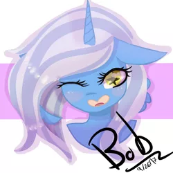 Size: 800x800 | Tagged: safe, artist:bobundercover, derpibooru import, oc, oc:fleurbelle, unofficial characters only, alicorn, pony, adorabelle, alicorn oc, bust, commission, cute, one eye closed, signature, starry eyes, wingding eyes, wink