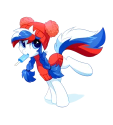 Size: 1200x1327 | Tagged: safe, artist:tomatocoup, derpibooru import, oc, oc:marussia, unofficial characters only, earth pony, pony, are, clothes, food, ice cream, mouth hold, nation ponies, popsicle, russia, simple background, solo, sweater, transparent background