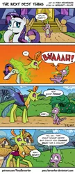 Size: 987x2295 | Tagged: safe, artist:pony-berserker, derpibooru import, rarity, spike, thorax, changedling, changeling, dragon, pony, character proxy, comic, dialogue, disguise, female, implied shipping, implied sparity, implied straight, implied thoraxspike, king thorax, mare, mountain, ponyville, speech bubble, surprised, thorarity, twilight's castle