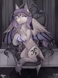Size: 1300x1750 | Tagged: artist:varllai, bat wings, demon, derpibooru import, goth, hooves, horn, leonine tail, oc, safe, scepter, succubus, throne, unofficial characters only, violet hair
