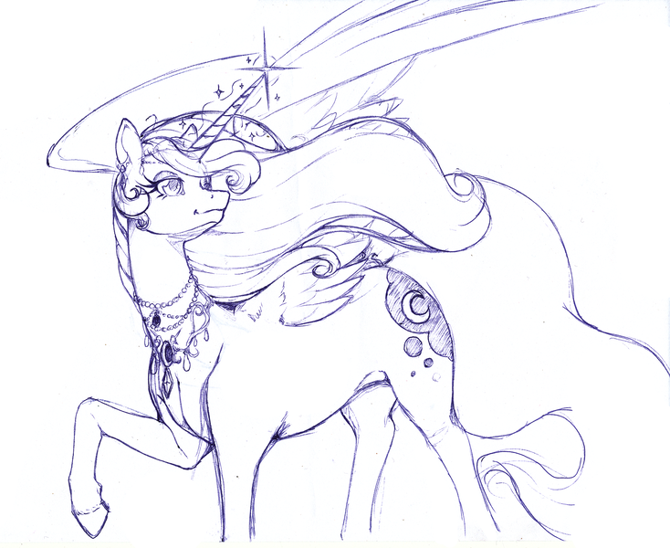 Size: 3068x2508 | Tagged: safe, artist:longinius, derpibooru import, princess luna, alicorn, pony, ballpoint pen, female, jewelry, mare, monochrome, raised hoof, sketch, solo, traditional art, wings