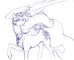 Size: 3068x2508 | Tagged: safe, artist:longinius, derpibooru import, princess luna, alicorn, pony, ballpoint pen, female, jewelry, mare, monochrome, raised hoof, sketch, solo, traditional art, wings