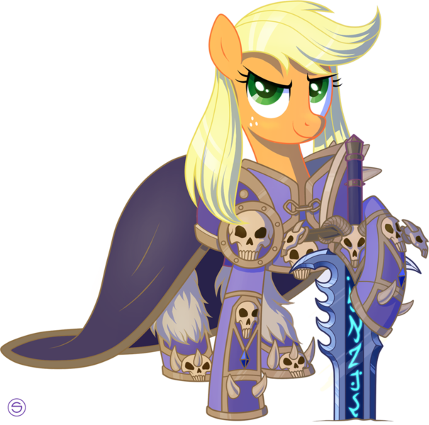 Size: 950x942 | Tagged: safe, artist:stasysolitude, derpibooru import, applejack, pony, armor, arthas menethil, clothes, cosplay, costume, crossover, cute, frostmourne, hatless, jackabetes, lich king, missing accessory, simple background, solo, sword, transparent background, warcraft, weapon, world of warcraft