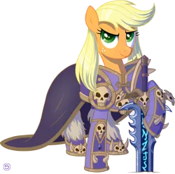 Size: 950x942 | Tagged: safe, artist:stasysolitude, derpibooru import, applejack, pony, armor, arthas menethil, clothes, cosplay, costume, crossover, cute, frostmourne, hatless, jackabetes, lich king, missing accessory, simple background, solo, sword, transparent background, warcraft, weapon, world of warcraft