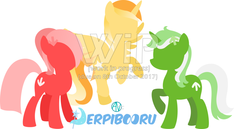 Size: 2600x1437 | Tagged: safe, artist:arifproject, derpibooru import, oc, oc:downvote, oc:favourite, oc:upvote, ponified, unofficial characters only, alicorn, earth pony, pony, unicorn, derpibooru, alicorn oc, derpibooru logo, derpibooru ponified, female, flying, hooves, horn, lineless, logo, mare, meta, minimalist, modern art, raised hoof, simple background, transparent background, vector, wings, wip
