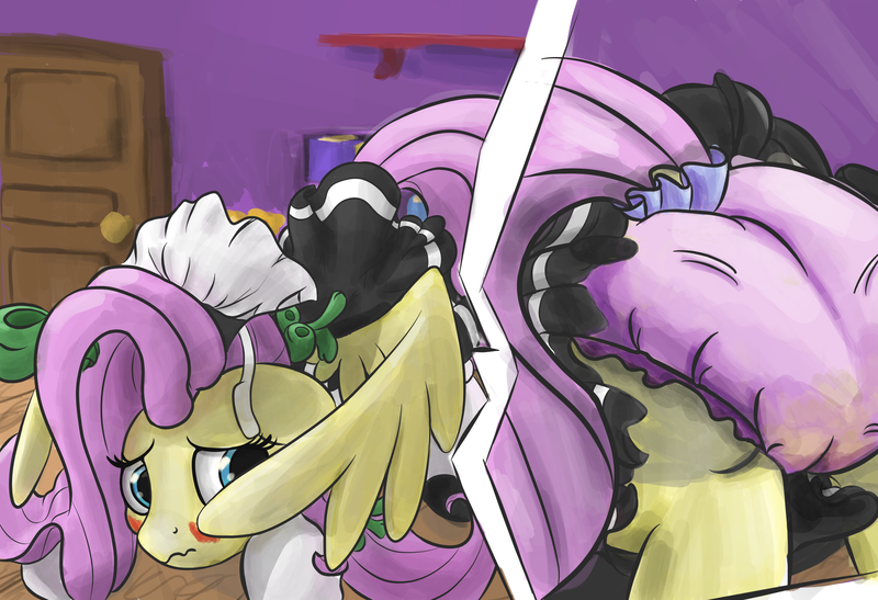 Size: 2876x1968 | Tagged: questionable, artist:velvet frame, derpibooru import, fluttershy, pegasus, pony, blushing, book, bookshelf, bow, clothes, diaper, diaper fetish, diapershy, dock, door, embarrassed, face down ass up, fetish, fluttermaid, gloves, hat, looking back, maid, shoes, skirt, spread wings, upskirt, urine, wet, wet diaper, wings, wooden floor