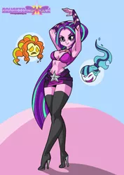 Size: 905x1279 | Tagged: suggestive, artist:art-2u, derpibooru import, adagio dazzle, aria blaze, sonata dusk, ghost, equestria girls, boots, breasts, busty aria blaze, cleavage, clothes, commission, costume, equestrian city, female, high heel boots, miniskirt, ponytail, shoes, skirt, solo, solo female, super villain, the dazzlings, thigh boots, villainess, zettai ryouiki