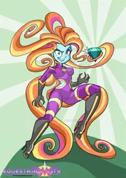 Size: 600x847 | Tagged: safe, artist:art-2u, derpibooru import, sassy saddles, equestria girls, commission, equestria girls-ified, equestrian city, female, jewel, prehensile hair, solo, villainess, watermark