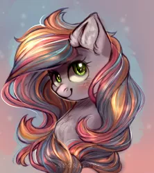 Size: 1772x2000 | Tagged: safe, artist:segraece, derpibooru import, oc, unofficial characters only, pony, abstract background, blushing, bust, chest fluff, commission, female, looking at you, mare, portrait, smiling, solo