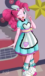 Size: 2400x4000 | Tagged: safe, artist:horsecat, derpibooru import, pinkie pie, coinky-dink world, eqg summertime shorts, equestria girls, clothes, cute, diapinkes, diner, diner uniform, female, hat, one eye closed, peace sign, server pinkie pie, signature, solo, tongue out, waitress, wink