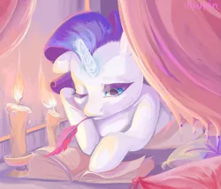 Size: 4805x4110 | Tagged: safe, artist:utauyan, derpibooru import, rarity, pony, unicorn, absurd resolution, book, candle, mouth hold, quill, solo