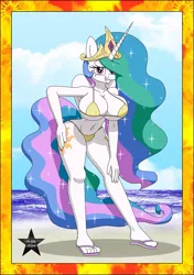 Size: 675x957 | Tagged: suggestive, artist:sonork91, derpibooru import, princess celestia, alicorn, anthro, plantigrade anthro, pony, armpits, beach, big breasts, bikini, both cutie marks, breasts, busty princess celestia, clothes, crown, cutie mark, day, ethereal mane, ethereal tail, feet, female, flip-flops, flowing mane, flowing tail, grin, hand on hip, huge breasts, jewelry, lidded eyes, looking at you, mare, multicolored mane, multicolored tail, purple eyes, regalia, sand, sandals, sexy, sky, smiling, solo, solo female, sparkles, stupid sexy celestia, swimsuit, tiara, toes, wings