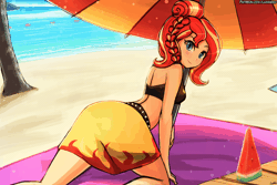 Size: 900x600 | Tagged: suggestive, artist:lumineko, derpibooru import, edit, sunset shimmer, equestria girls, animated, ass, backbend, beach, breasts, bunset shimmer, buttcrack, clothes, equestria girls minis, female, food, gif, ocean, solo, solo female, summer sunset, swimsuit, towel, umbrella, watermelon, wrap skirt