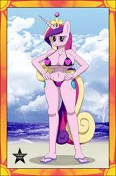 Size: 900x1366 | Tagged: anthro, artist:sonork91, beach, belly button, bikini, breasts, busty princess cadance, clothes, derpibooru import, feet, female, flip-flops, looking at you, plantigrade anthro, princess cadance, sandals, solo, solo female, suggestive, swimsuit, toes