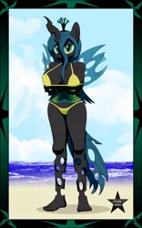 Size: 800x1280 | Tagged: suggestive, artist:sonork91, derpibooru import, queen chrysalis, anthro, plantigrade anthro, barefoot, beach, bikini, breasts, busty queen chrysalis, cheeselegs, clothes, crossed arms, feet, female, solo, swimsuit, trypophobia