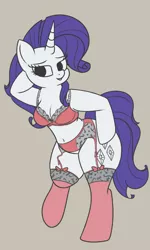 Size: 538x898 | Tagged: anthro, artist:andelai, belly button, bra, bra on pony, breasts, cleavage, clothes, derpibooru import, female, frilly underwear, garter belt, lace, lingerie, rarity, red underwear, simple background, solo, solo female, stockings, suggestive, thigh highs, underwear, wide hips