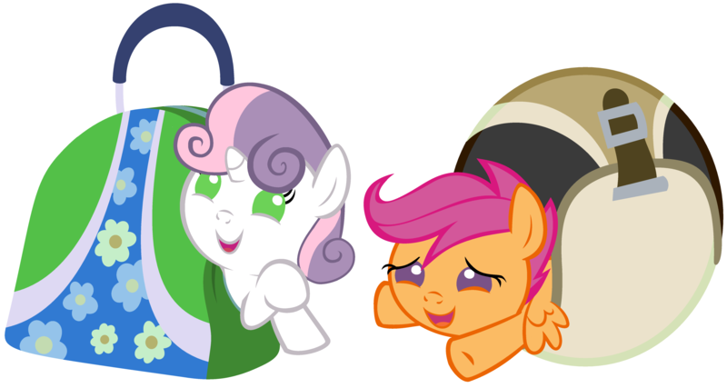 Size: 5400x2880 | Tagged: safe, artist:beavernator, derpibooru import, scootaloo, sweetie belle, pony, baby, baby belle, baby pony, baby scootaloo, bag, beavernator is trying to murder us, bowling bag, cute, cutealoo, diasweetes, foal