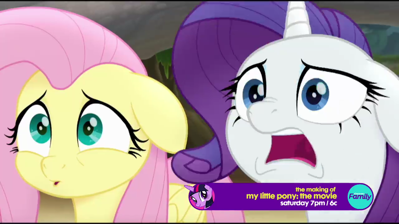 Size: 1280x720 | Tagged: safe, derpibooru import, screencap, fluttershy, rarity, twilight sparkle, pony, my little pony: the movie, discovery family logo