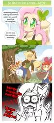 Size: 860x1948 | Tagged: safe, artist:thegreatrouge, derpibooru import, apple bloom, applejack, fluttershy, anthro, a health of information, clothes, comic, cowboy hat, dialogue, female, floppy ears, fridge horror, hat, i'd like to be a tree, image, png, smiling, speech bubble, stetson, the implications are horrible