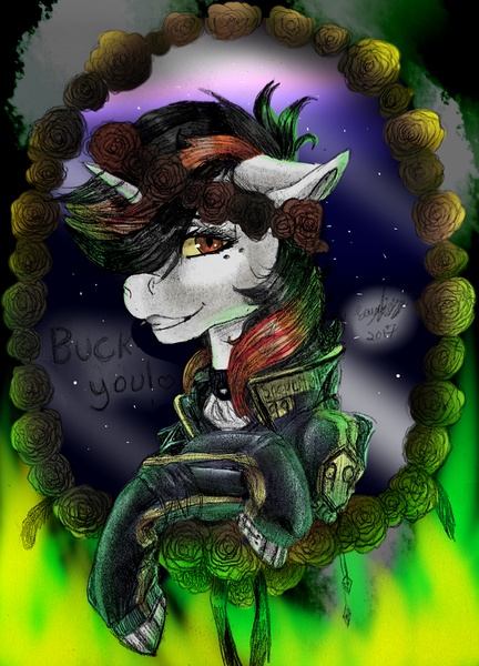 Size: 2301x3198 | Tagged: safe, artist:brainiac, derpibooru import, oc, oc:blackjack, unofficial characters only, cyborg, unicorn, fallout equestria, fallout equestria: project horizons, balefire, chest fluff, clothes, collar, compact horn, dead flowers, feather, female, floppy ears, flower, gem, mare, robot legs, rose, screws, solo, stars, text