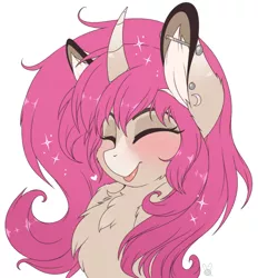 Size: 1284x1386 | Tagged: safe, artist:meggchan, derpibooru import, oc, oc:tarot, unofficial characters only, classical unicorn, unicorn, blushing, bust, chest fluff, cute, eyes closed, female, glitter, leonine tail, mare, palomino, piercing, solo, sparkles, tongue out, unshorn fetlocks