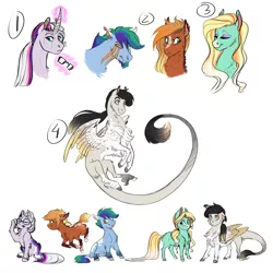 Size: 7500x7500 | Tagged: safe, artist:earthsong9405, deleted from derpibooru, derpibooru import, oc, oc:aelius, oc:andromeda, oc:primrose, oc:spring blossom, oc:summer harvest, unofficial characters only, earth pony, hybrid, pony, unicorn, absurd resolution, blaze (coat marking), cloven hooves, curved horn, interspecies offspring, magical lesbian spawn, next generation, offspring, parent:applejack, parent:discord, parent:fluttershy, parent:pinkie pie, parent:princess celestia, parent:rainbow dash, parent:rarity, parent:twilight sparkle, parents:appledash, parents:dislestia, parents:flutterpie, parents:rarilight, realistic, realistic anatomy, realistic horse legs, scar, socks (coat marking), unshorn fetlocks, wing claws