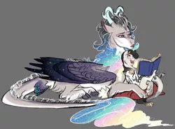 Size: 1600x1175 | Tagged: safe, artist:earthsong9405, deleted from derpibooru, derpibooru import, oc, oc:aelius, oc:vega nova, unofficial characters only, hybrid, agender, book, gray background, hybrid wings, interspecies offspring, next generation, offspring, parent:discord, parent:princess celestia, parents:dislestia, reading, realistic horse legs, siblings, simple background, starry wings, story included, unshorn fetlocks, wing claws