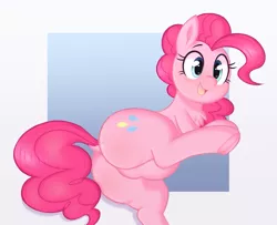 Size: 1281x1038 | Tagged: artist:toroitimu, balloonbutt, blushing, chest fluff, chubby, derpibooru import, dock, featureless crotch, looking at you, looking back, looking back at you, pinkie pie, plot, plump, simple background, solo, suggestive, the ass was fat, underhoof