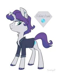 Size: 1024x1308 | Tagged: safe, artist:flourret, derpibooru import, oc, oc:rhinestone, unofficial characters only, pony, unicorn, clothes, magical lesbian spawn, male, offspring, parent:maud pie, parent:rarity, parents:rarimaud, solo, stallion