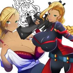 Size: 2000x2000 | Tagged: artist:0ryomamikado0, big breasts, bra, breasts, bullpup rifle, cleavage, clothes, curvy, derpibooru import, erect nipples, facial markings, facial tattoo, female, gun, hourglass figure, huge breasts, human, humanized, humanized oc, nipple outline, oc, oc:00284, open clothes, open shirt, rifle, scope, shirt, skinsuit, skintight clothes, smiling, solo, solo female, steyr aug, suggestive, tattoo, underwear, undressing, unofficial characters only, weapon
