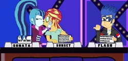 Size: 1294x618 | Tagged: safe, artist:bigpurplemuppet99, derpibooru import, flash sentry, match game, sonata dusk, sunset shimmer, equestria girls, female, kissing, lesbian, shipping, sunata