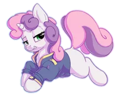 Size: 1400x1100 | Tagged: safe, artist:bobdude0, artist:dimfann, derpibooru import, sweetie belle, pony, unicorn, clothes, collaboration, cute, diasweetes, female, filly, looking at you, simple background, smiling, smirk, solo, transparent background