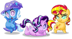 Size: 3000x1631 | Tagged: safe, artist:aleximusprime, derpibooru import, starlight glimmer, sunset shimmer, trixie, pony, unicorn, backwards cutie mark, bipedal, cape, chibi, clothes, cute, diatrixes, female, glimmerbetes, hat, looking at you, lying down, mare, one eye closed, shimmerbetes, simple background, smiling, transparent background, trio, trixie's cape, trixie's hat, vector