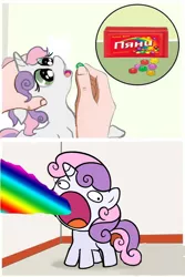 Size: 515x771 | Tagged: safe, artist:agm, derpibooru import, sweetie belle, pony, unicorn, candy, derp, feeding, female, filly, food, hand, meme, open mouth, pills, rainbow, russian, shoop da whoop, skittles, sweetie derelle, wide eyes, wikihow