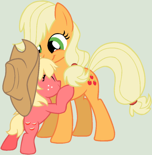 Size: 824x836 | Tagged: safe, artist:lost-our-dreams, derpibooru import, applejack, oc, oc:red gala, pony, female, filly, mother and daughter, nuzzling, offspring, parent:applejack, parent:caramel, parents:carajack, simple background